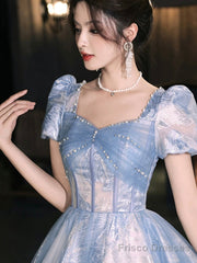 Blue Tulle Long Prom Dress, Beautiful A-Line Evening Party Dress