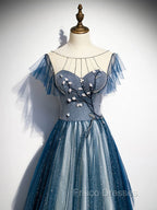 Blue Tulle Long Formal Prom Dress, Blue Beads Long Evening Dress