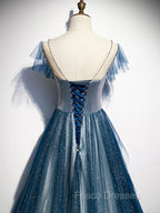 Blue Tulle Long Formal Prom Dress, Blue Beads Long Evening Dress