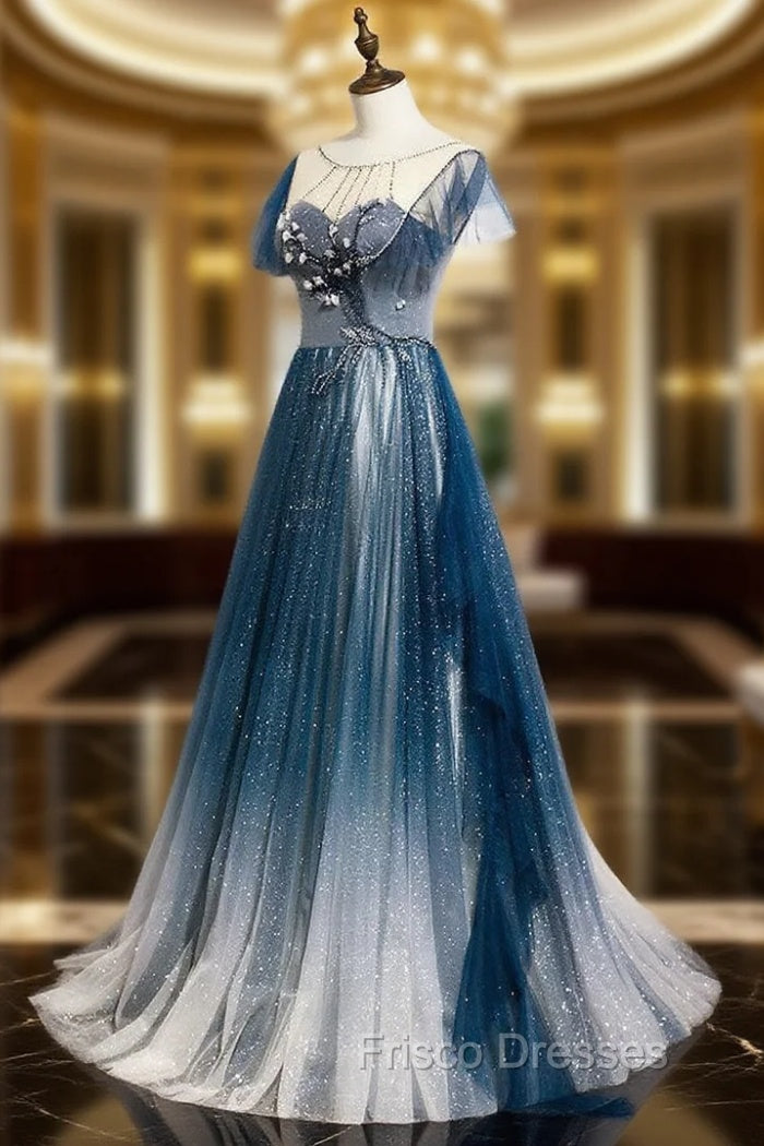 Blue Tulle Long Formal Prom Dress, Blue Beads Long Evening Dress Main image