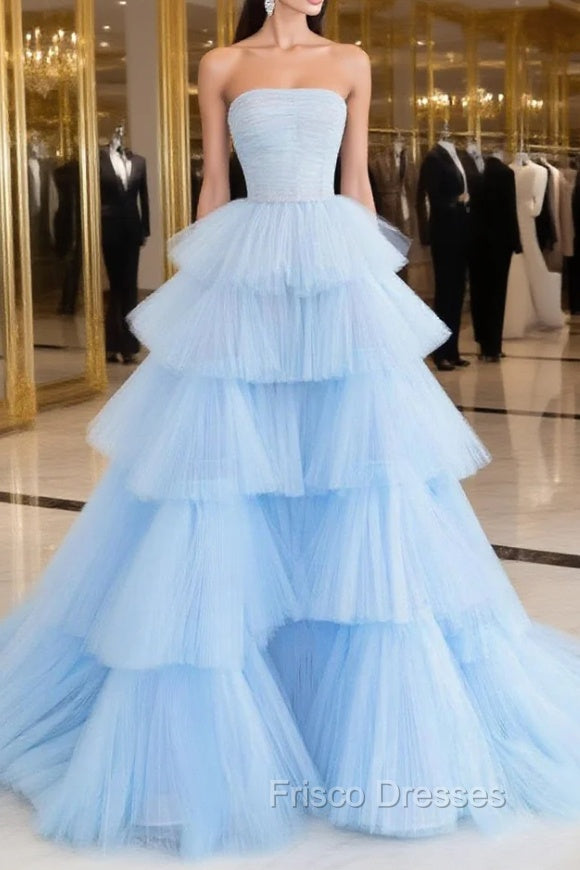 Blue Tulle Long Formal Prom Dress, Blue Tulle Ball Gown Evening Dress Main image