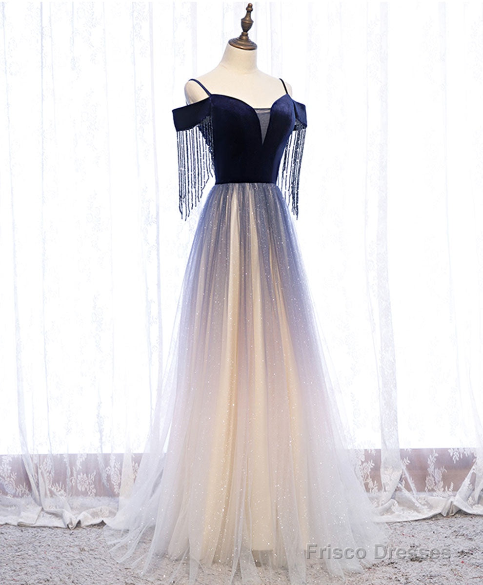 Blue Tulle Long Prom Dress Blue Tulle Formal Dress with Beading Velvet
