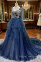 Blue Tulle Long Formal Prom Dress, Blue Tulle Long Evening Dress