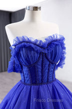 Blue Tulle Long Formal Prom Dress, Off the Shoulder Formal Evening Party Dress
