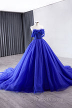 Blue Tulle Long Formal Prom Dress, Off the Shoulder Formal Evening Party Dress