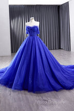 Blue Tulle Long Formal Prom Dress, Off the Shoulder Formal Evening Party Dress