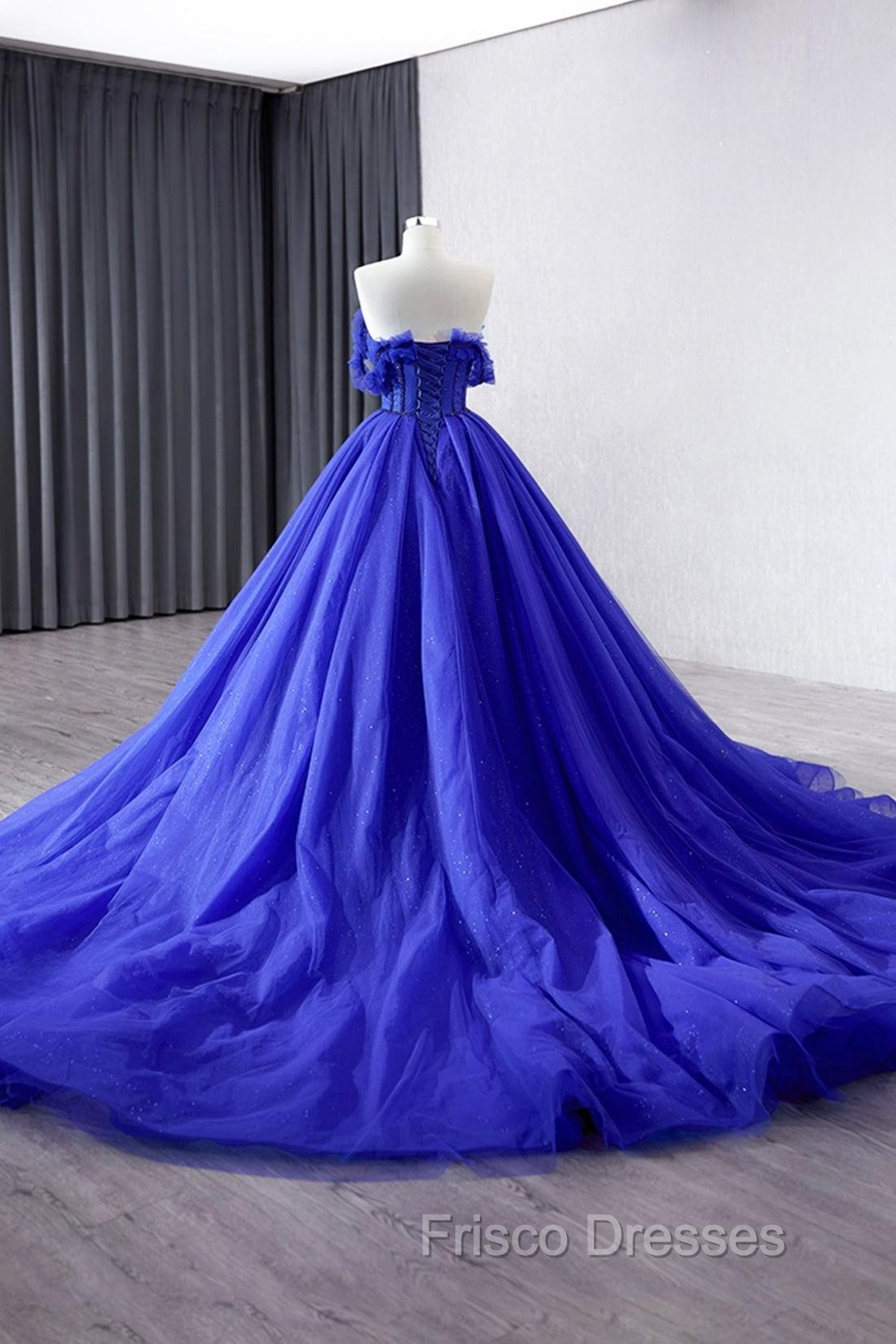 Blue Tulle Long Formal Prom Dress, Off the Shoulder Formal Evening Party Dress