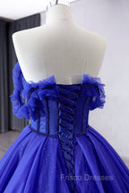 Blue Tulle Long Formal Prom Dress, Off the Shoulder Formal Evening Party Dress