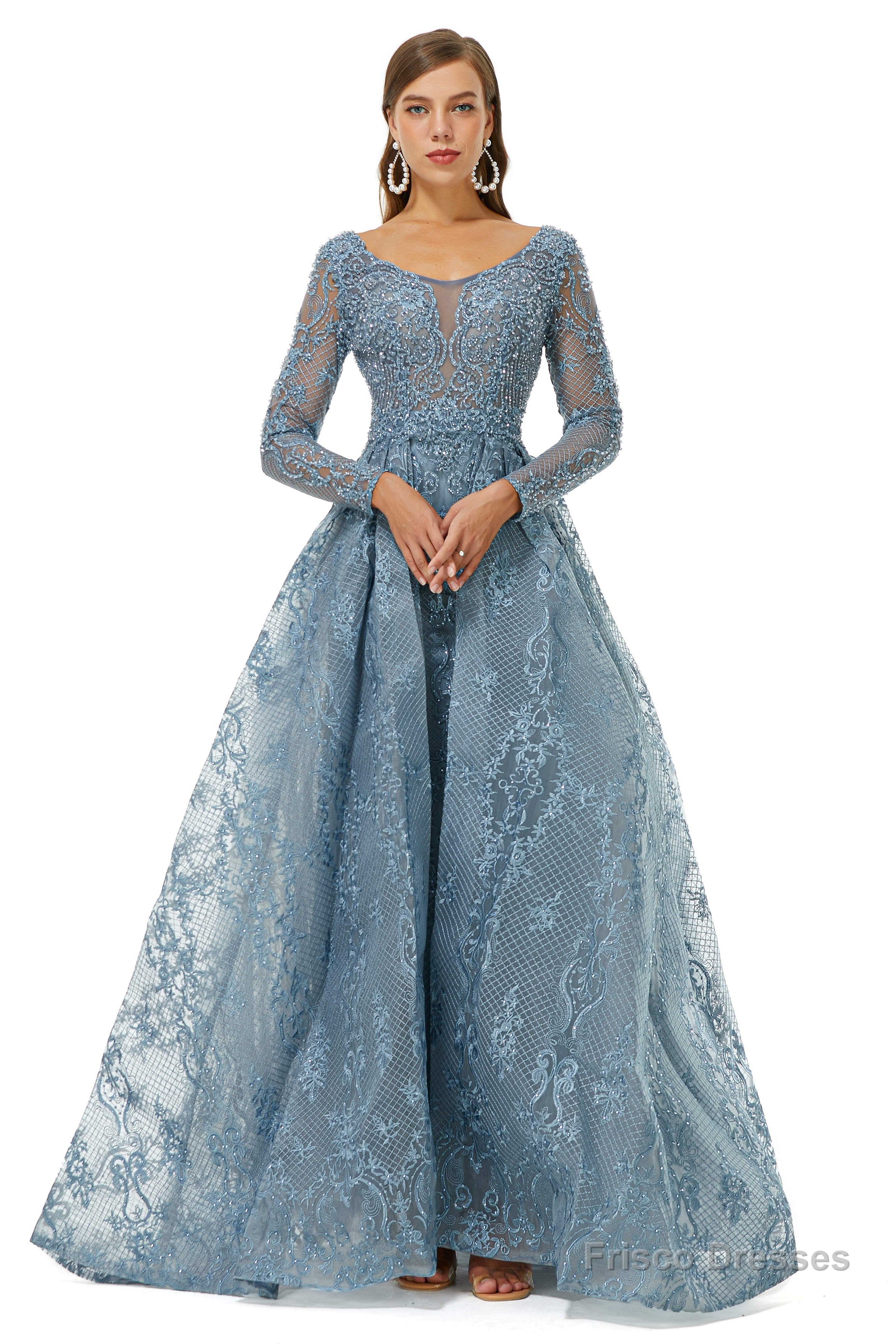 Tulle Long Sleeve Appliques Beading Prom Dresses Main image