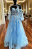 Blue Tulle Long Sleeve Appliques Formal Prom Dress