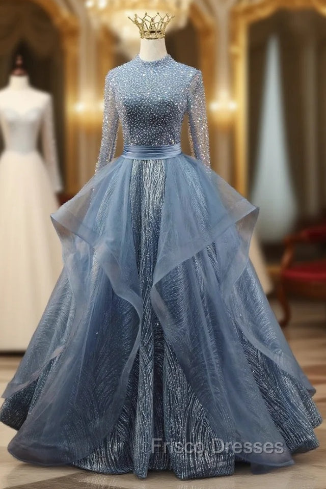 Blue Tulle Long Sleeve Backless Beading Formal Prom Dress