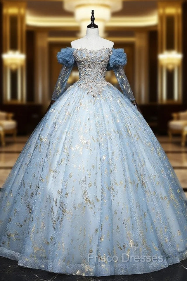 Blue Tulle Long Sleeve Beading Quinceanera Dress Main image