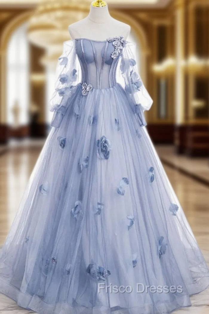 Blue Tulle Long Sleeve Flower Formal Prom Dress Main image