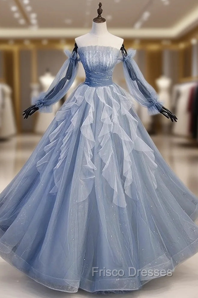 Blue Tulle Long Sleeve Off the Shoulder Formal Prom Dress Main image