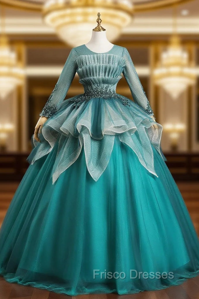Blue Tulle Long Sleeve Pleats Appliques Beading Quinceanera Dress