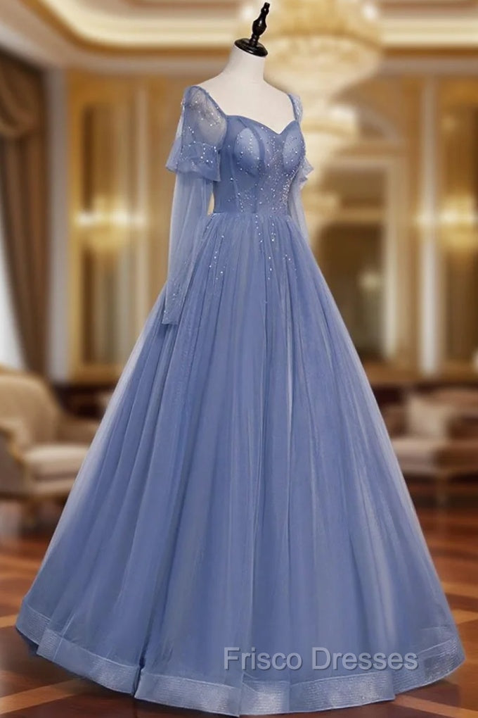Blue Tulle Long Sleeve Formal Prom Dress, A-Line Blue Evening Party Dress