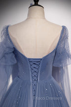 Blue Tulle Long Sleeve Formal Prom Dress, A-Line Blue Evening Party Dress