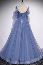 Blue Tulle Long Sleeve Formal Prom Dress, A-Line Blue Evening Party Dress
