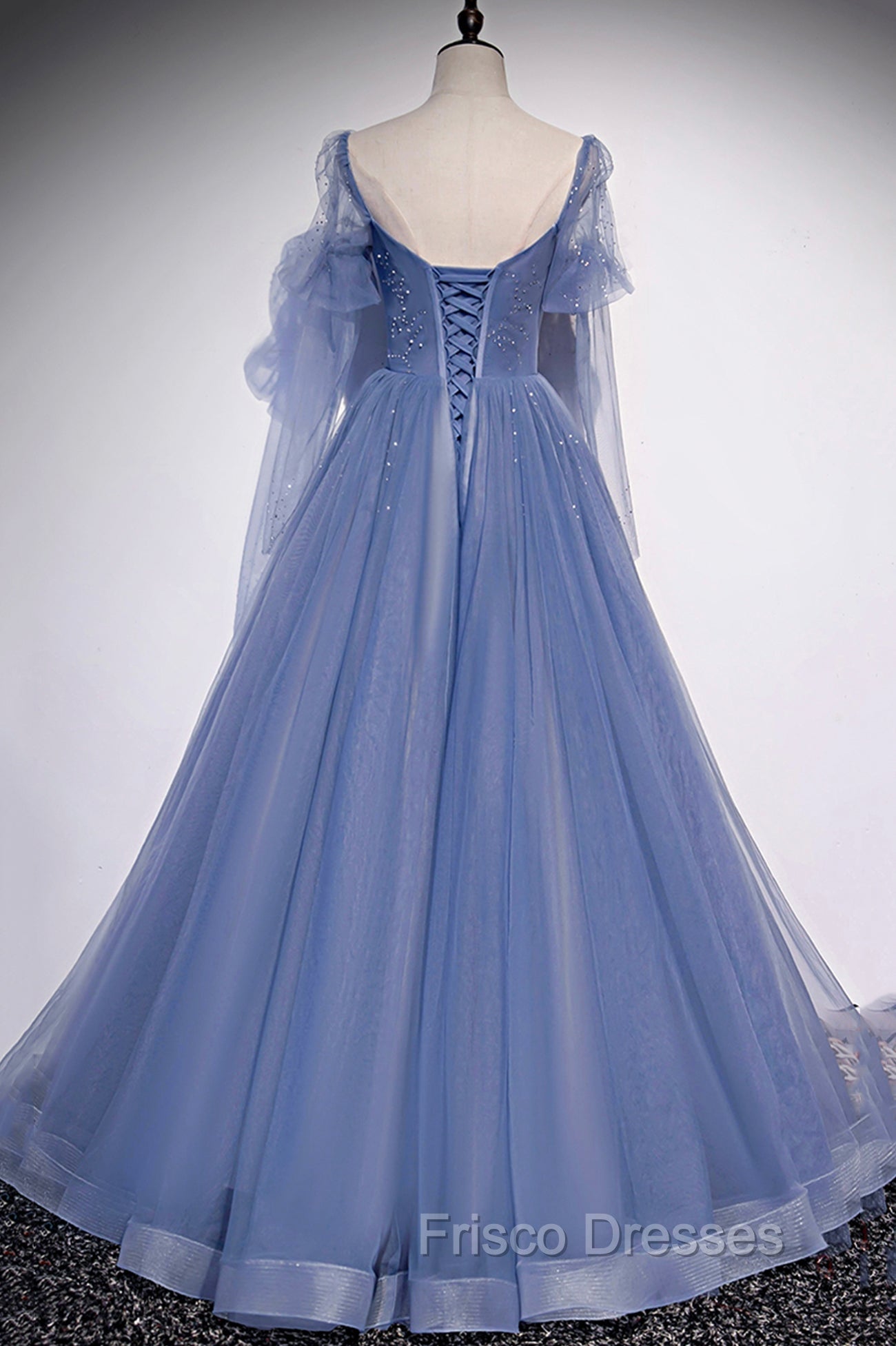 Blue Tulle Long Sleeve Formal Prom Dress, A-Line Blue Evening Party Dress