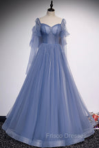 Blue Tulle Long Sleeve Formal Prom Dress, A-Line Blue Evening Party Dress