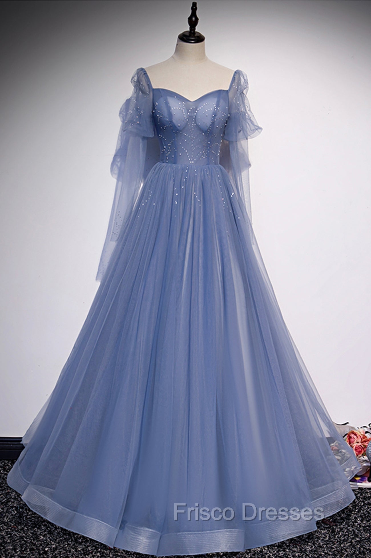 Blue Tulle Long Sleeve Formal Prom Dress, A-Line Blue Evening Party Dress