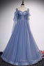 Blue Tulle Long Sleeve Formal Prom Dress, A-Line Blue Evening Party Dress