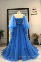 Blue Tulle Long Sleeve Formal Prom Dress, A-Line Tulle Formal Evening Dress
