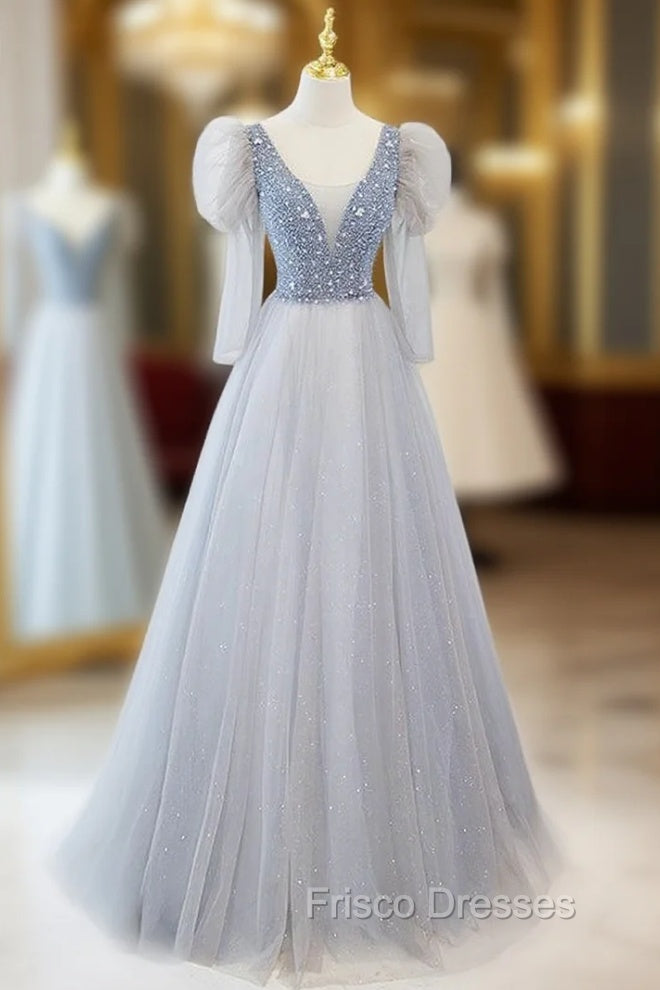 Blue Tulle Long Sleeve V-neck Beading Formal Prom Dress Main image