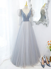 Blue Tulle Long Sleeve V-neck Beading Prom Dress