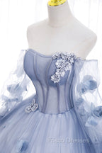 Blue Tulle Long Sleeves Formal Dress with Flowers, Blue A-Line Formal Prom Dress