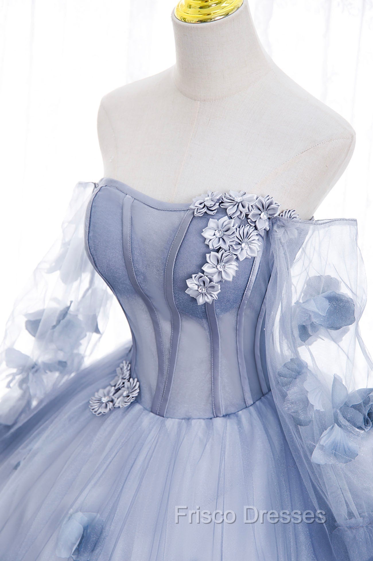 Blue Tulle Long Sleeves Formal Dress with Flowers, Blue A-Line Formal Prom Dress