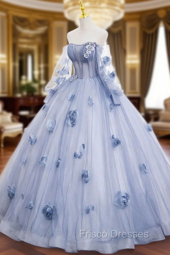 Blue Tulle Long Sleeves Formal Dress with Flowers, Blue A-Line Formal Prom Dress Main image