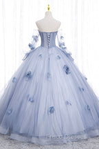Blue Tulle Long Sleeves Formal Dress with Flowers, Blue A-Line Formal Prom Dress
