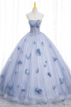 Blue Tulle Long Sleeves Formal Dress with Flowers, Blue A-Line Formal Prom Dress