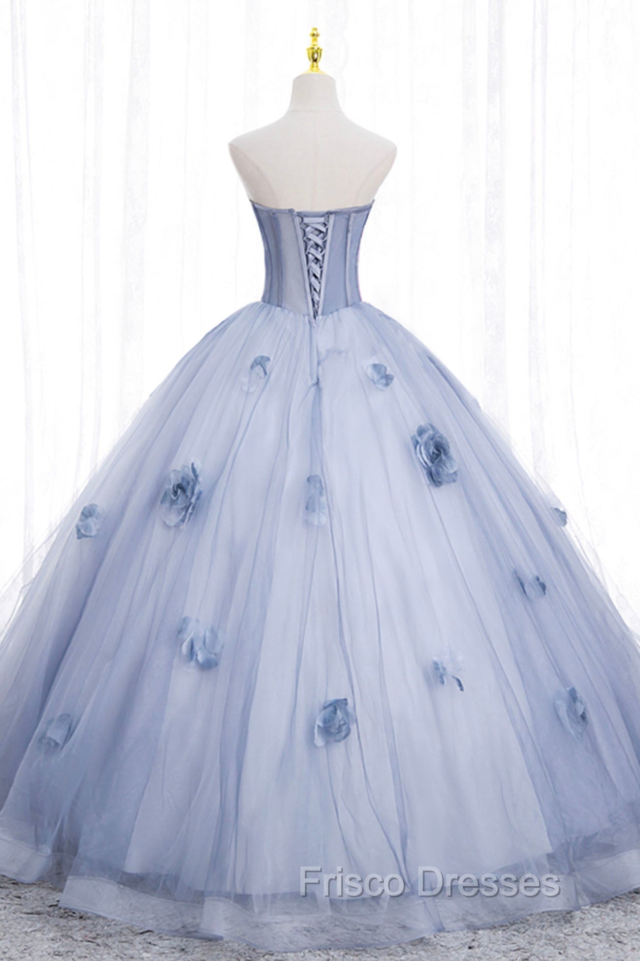 Blue Tulle Long Sleeves Formal Dress with Flowers, Blue A-Line Formal Prom Dress