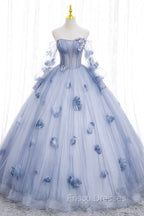 Blue Tulle Long Sleeves Formal Dress with Flowers, Blue A-Line Formal Prom Dress