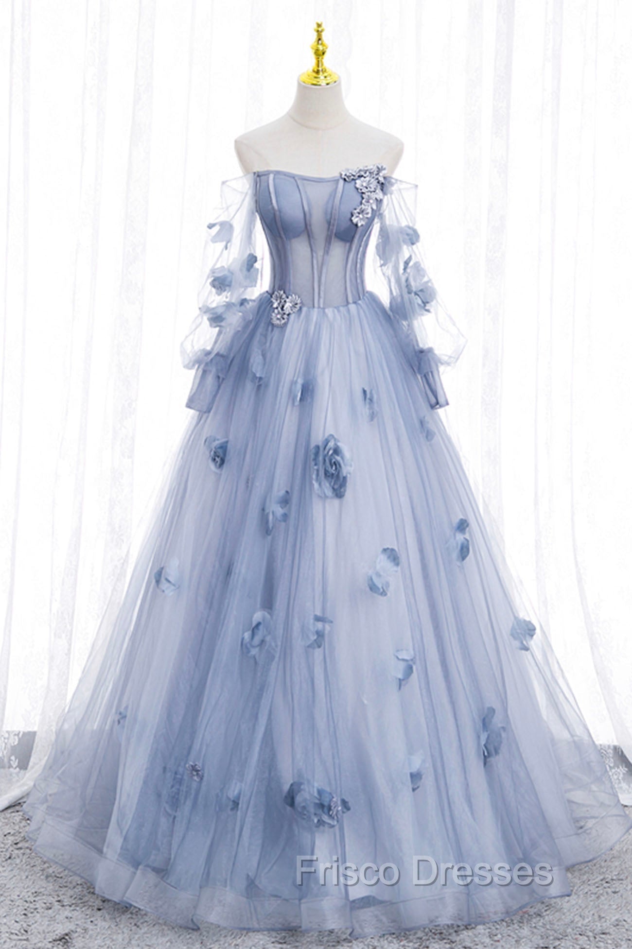 Blue Tulle Long Sleeves Formal Dress with Flowers, Blue A-Line Formal Prom Dress