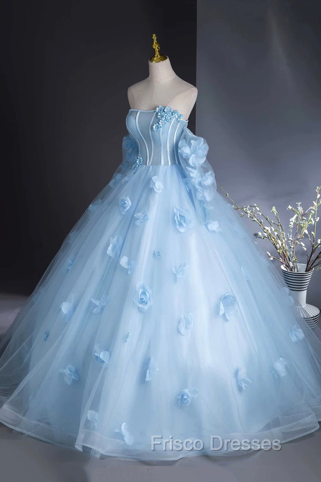 Blue Tulle Long Sleeves Formal Dress with Flowers, Blue A-Line Formal Prom Party Dress