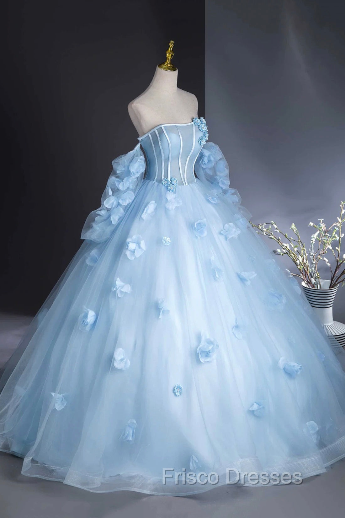 Blue Tulle Long Sleeves Formal Dress with Flowers, Blue A-Line Formal Prom Party Dress