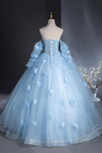 Blue Tulle Long Sleeves Formal Dress with Flowers, Blue A-Line Formal Prom Party Dress
