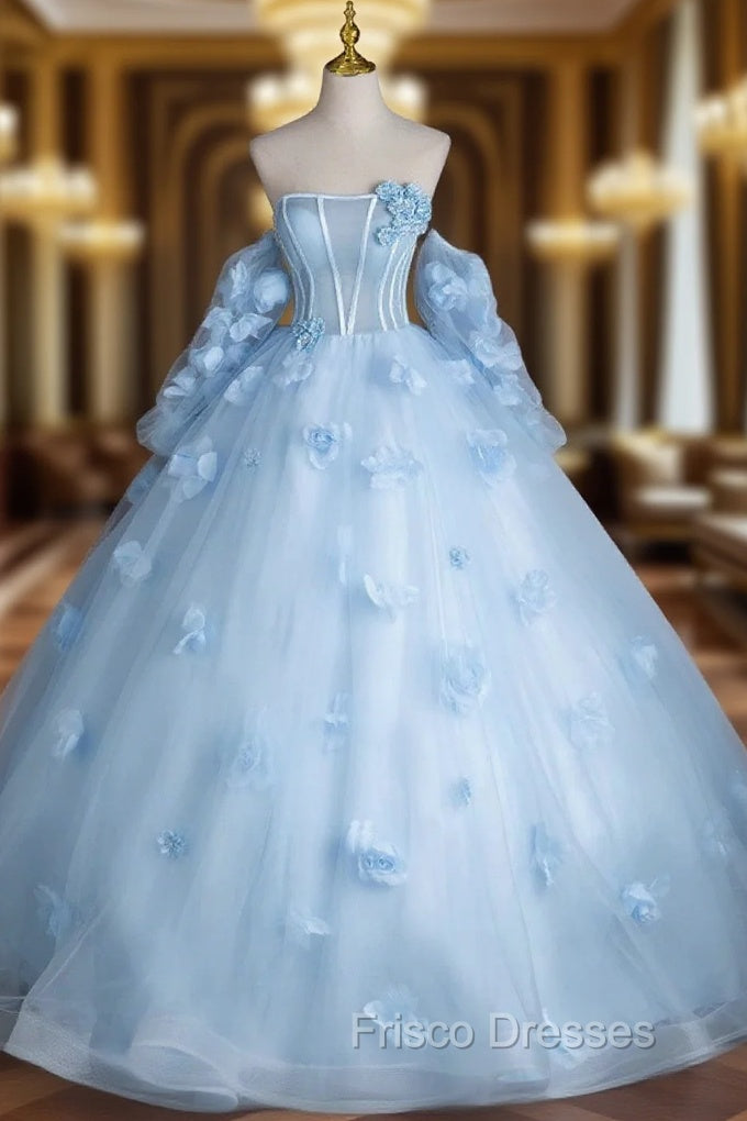 Blue Tulle Long Sleeves Formal Dress with Flowers, Blue A-Line Formal Prom Party Dress Main image