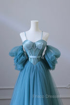 Blue Tulle Long Spaghetti Strap Formal Prom Dress and Corset, Detachable off Shoulder Party Dress
