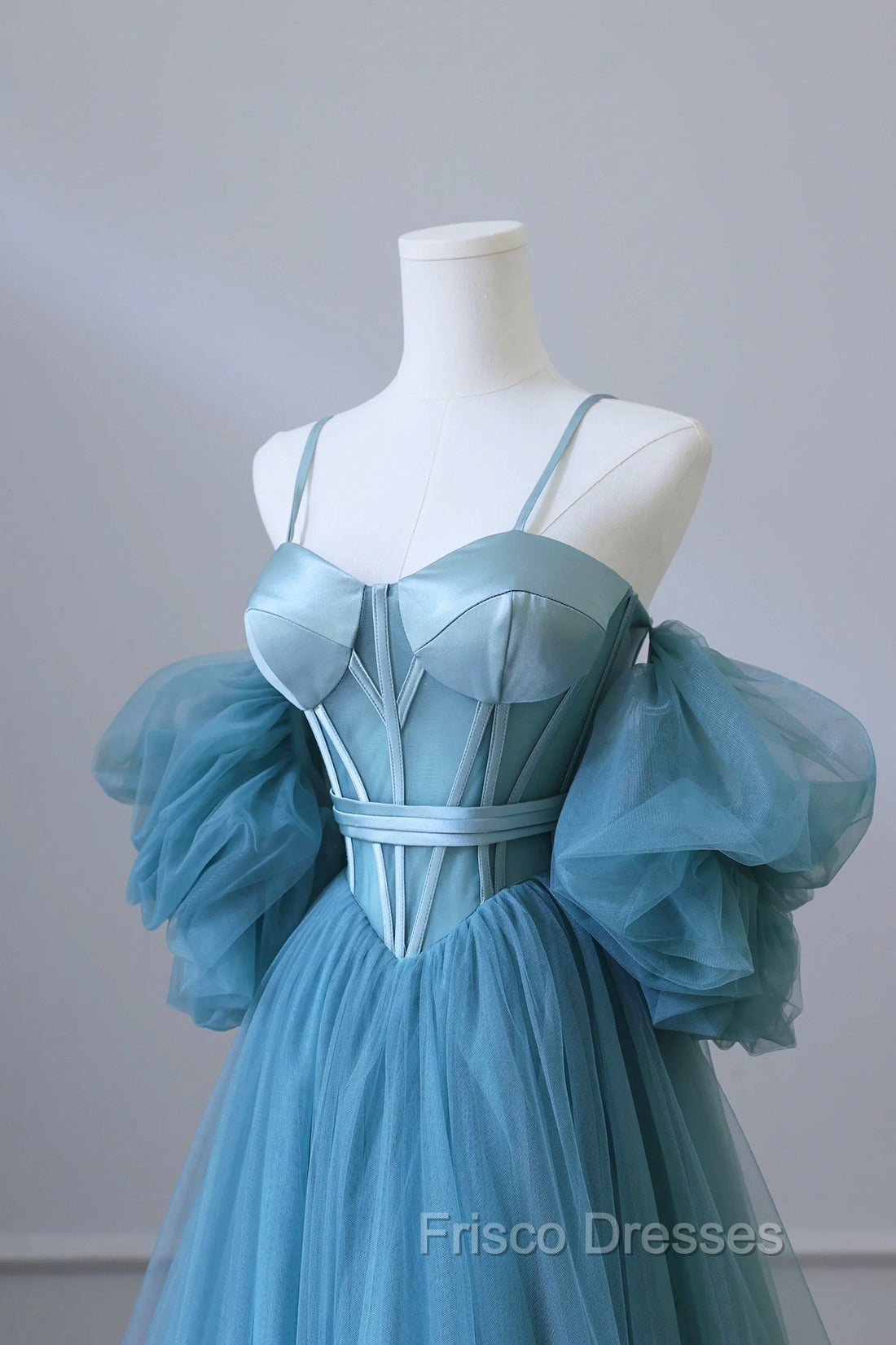 Blue Tulle Long Spaghetti Strap Formal Prom Dress and Corset, Detachable off Shoulder Party Dress