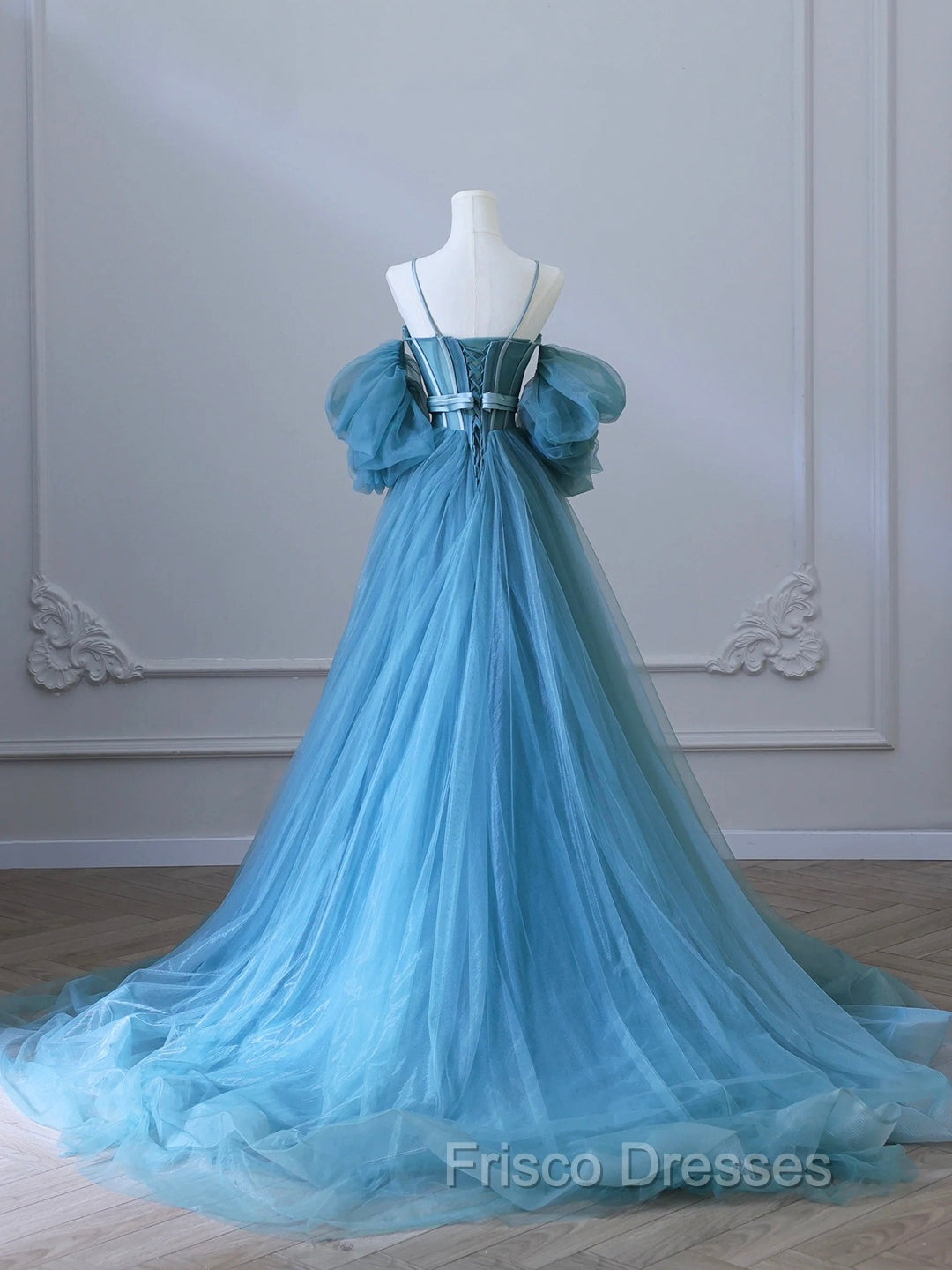 Blue Tulle Long Spaghetti Strap Formal Prom Dress and Corset, Detachable off Shoulder Party Dress Secondary image