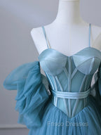 Blue Tulle Long Spaghetti Strap Formal Prom Dress and Corset, Detachable off Shoulder Party Dress