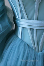 Blue Tulle Long Spaghetti Strap Formal Prom Dress and Corset, Detachable off Shoulder Party Dress