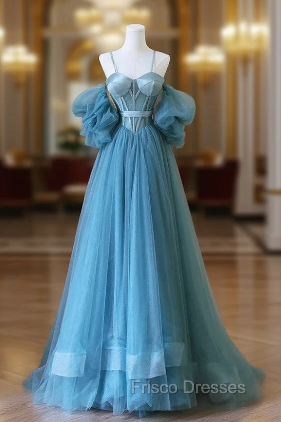 Blue Tulle Long Spaghetti Strap Formal Prom Dress and Corset, Detachable off Shoulder Party Dress