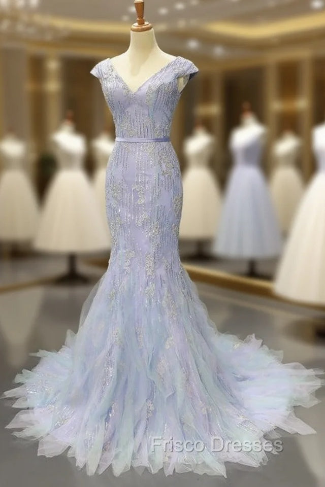 Blue Tulle Mermaid Deep V-neck Backless Formal Prom Dress With Beading Main image