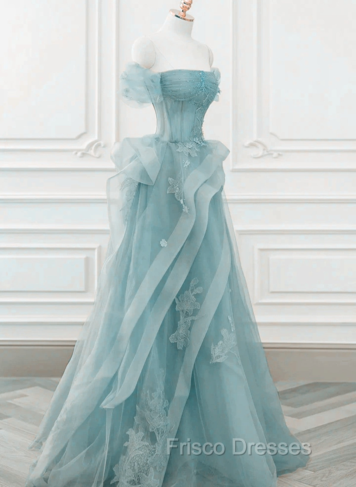 Blue Tulle Off Shoulder Beaded Lace Long Formal Prom Dress, Blue Formal Dress Secondary image
