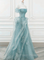 Blue Tulle Off Shoulder Beaded Lace Long Formal Prom Dress, Blue Formal Dress